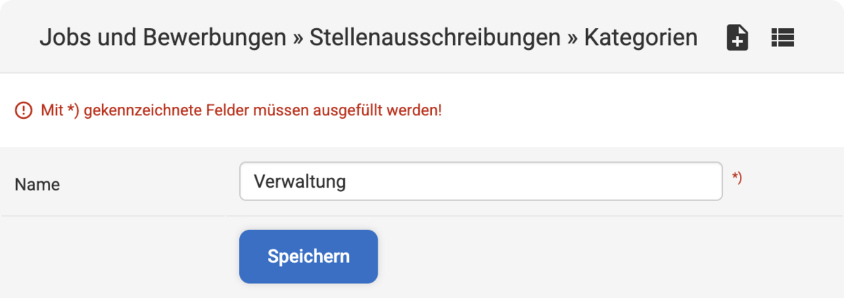 Backend Eingabemaske zum Erstellen einer neuen Kategorie bei Stellenausschreibungen