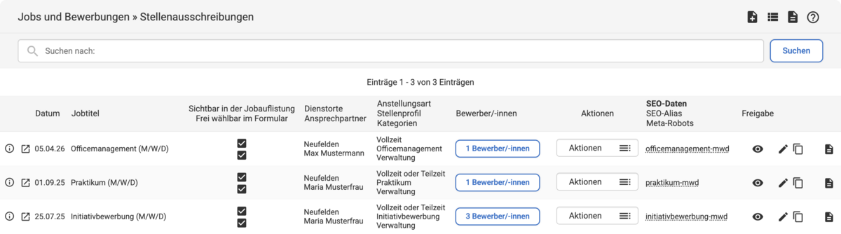Backend Listenübersicht bei den Stellenausschreibungen mit Einträgen