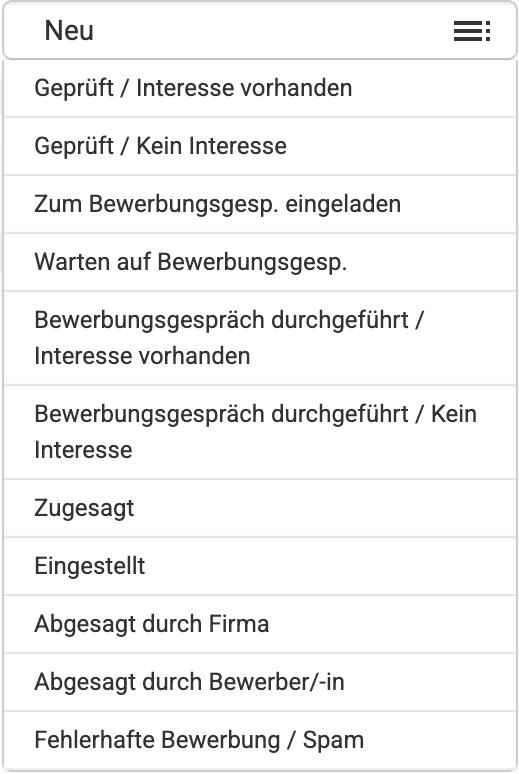 Im Backend geöffnetes Dropdown mit allen verfügbaren Status bei Bewerber/-innen