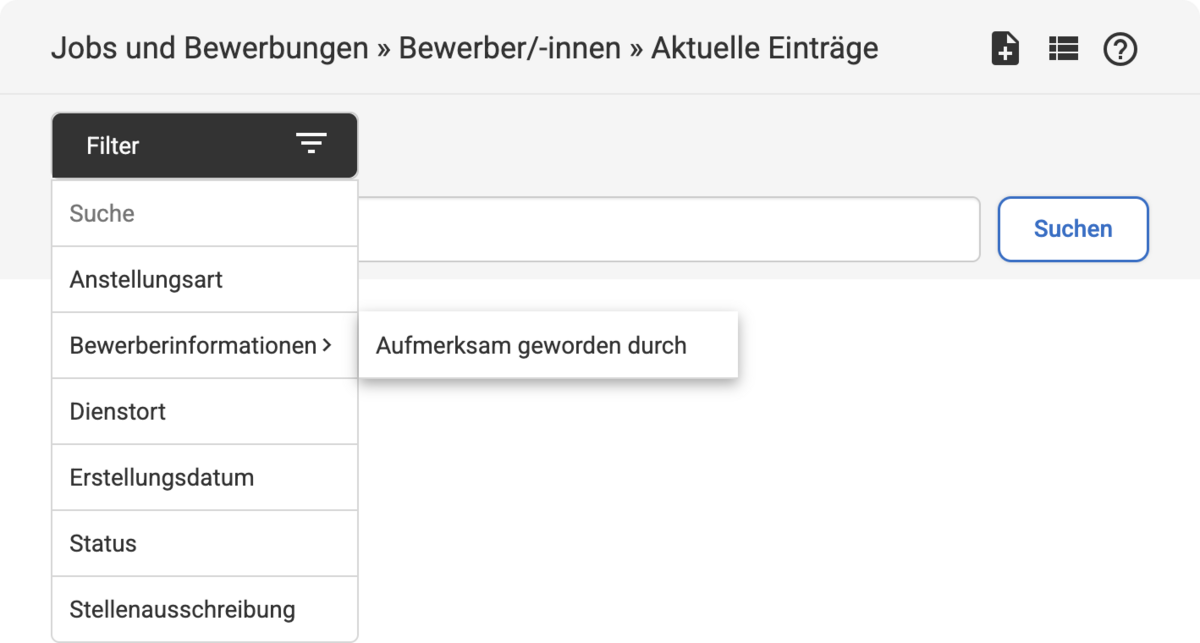 Filter-Möglichkeiten bei der Backend Listenübersicht unter Bewerber/-innen