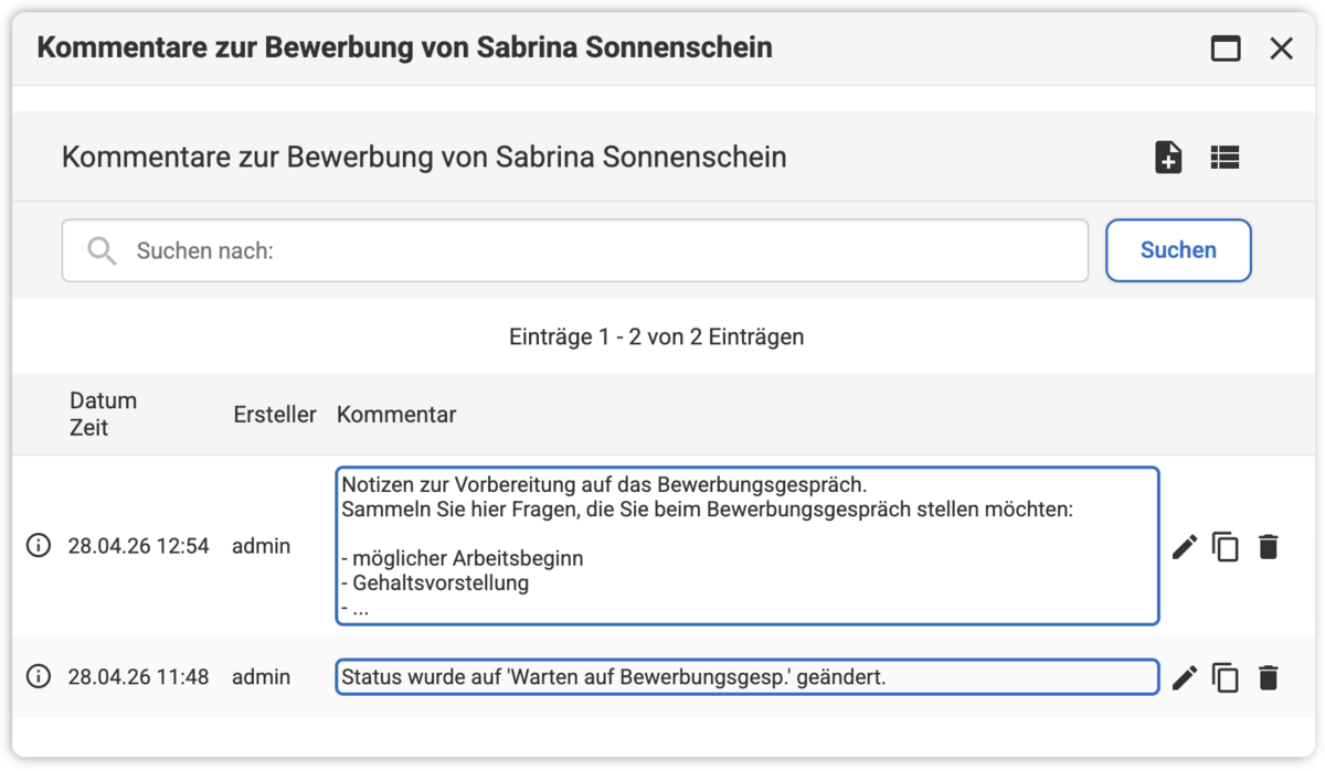 Backend Listenübersicht bei den Bewerber-Kommentaren