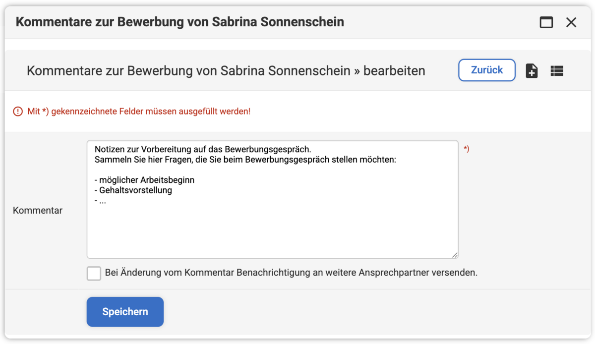 Backend Eingabemaske bei einem Bewerber-Kommentar