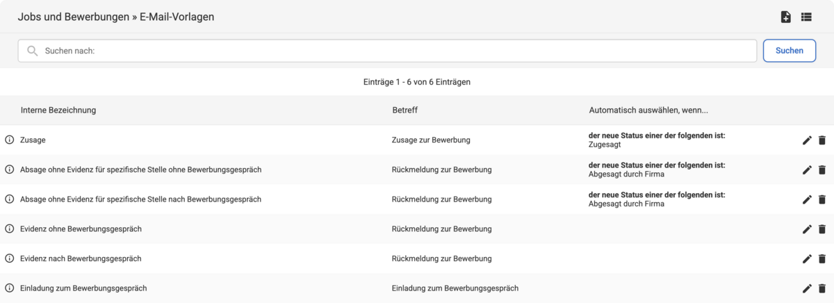 Backend Listenübersicht mit verschiedenen E-Mail-Vorlagen für den Bewerbungsprozess