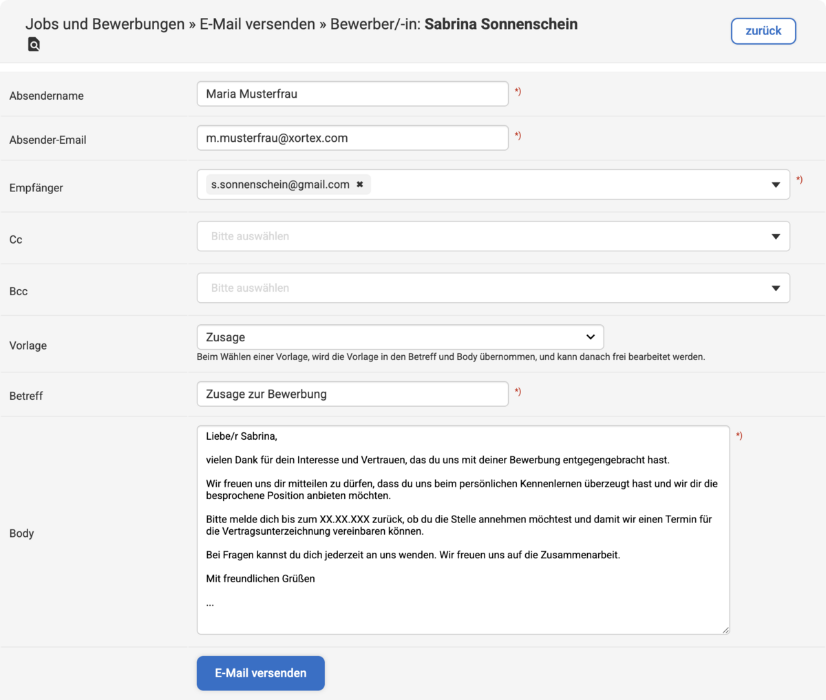 Backend Eingabemaske bei der E-Mail an einen Bewerber mit Verwendung einer E-Mail-Vorlage