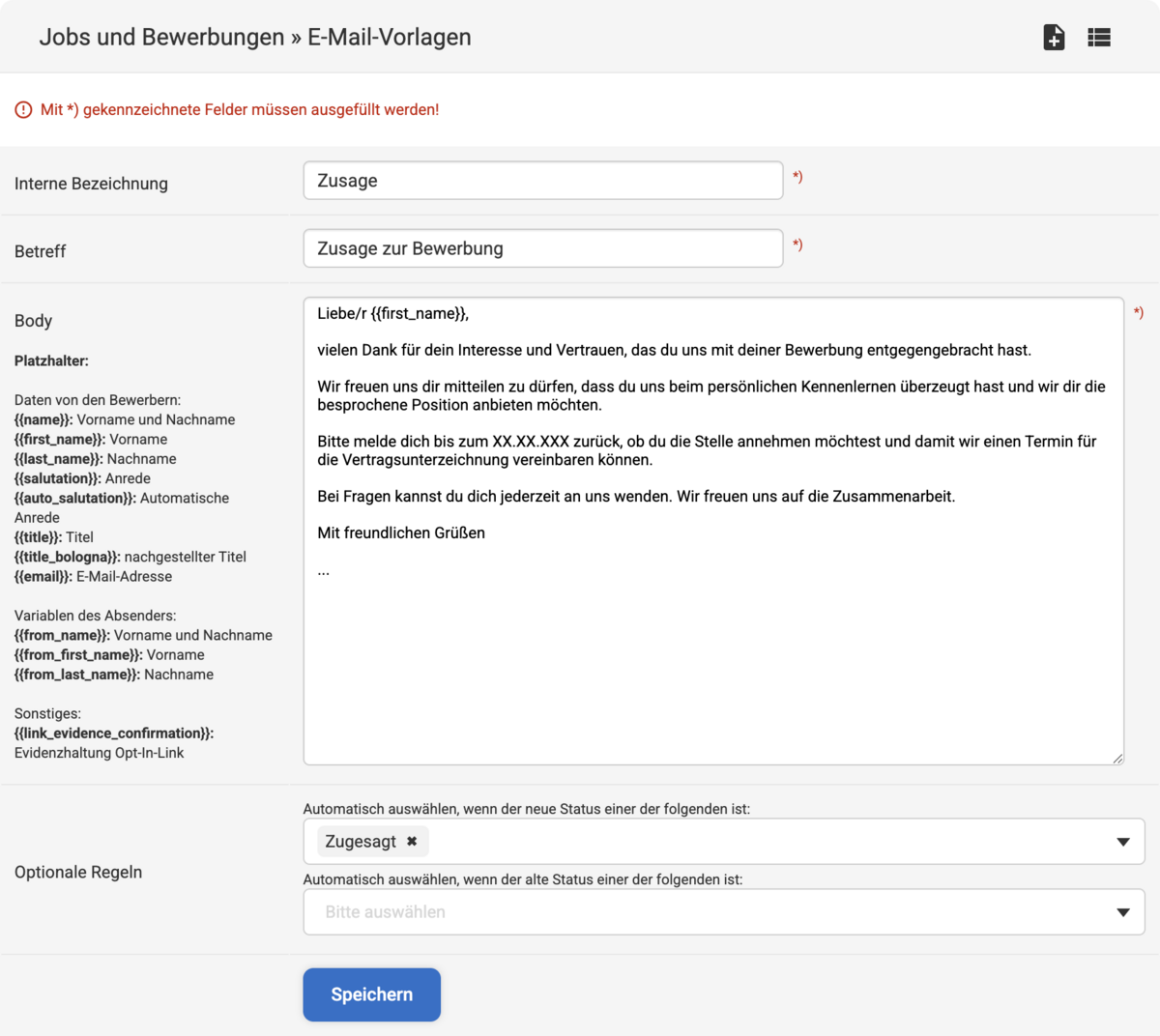 Backend Eingabemaske zum Erstellen einer E-Mail-Vorlage für den Bewerbungsprozess