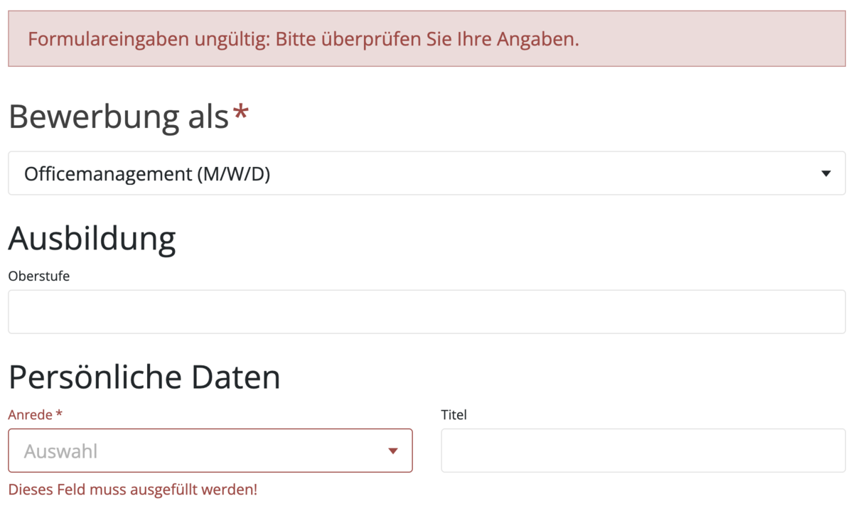Frontend-Beispiel mit Fehlermeldungen beim Bewerbungsformular, wenn die Pflichtfeldern nicht befüllt werden