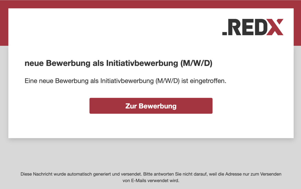 Beispiel Darstellung einer E-Mail-Benachrichtigung an den Ansprechpartner beim Eingang einer Bewerbung
