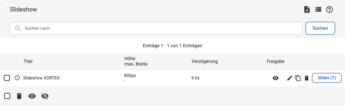 Listenübersicht in der Slideshow mit verschiedenen Bearbeitungsmöglichkeiten
