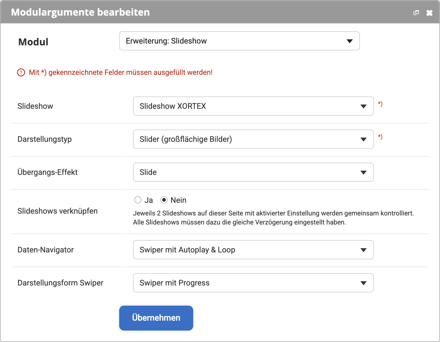 Auswahlmöglichkeiten bei der Einbindung vom Modul Erweiterung: Slideshow