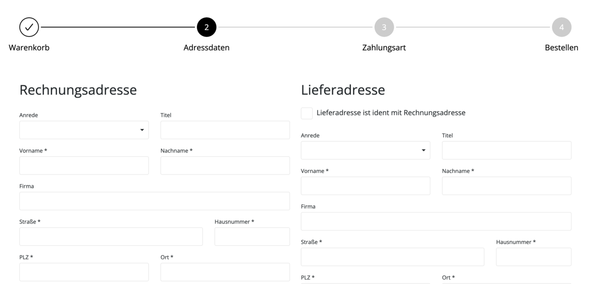 Frontend Beispiel: Formular für Rechnungs- und Lieferadresse mit den Feldern, die für die Bestellung notwendig sind