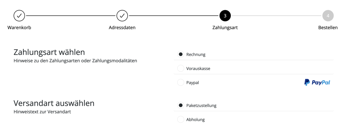 Frontend Darstellung mit Zahlungsart und Versandart jeweils mit geöffnetem Dropdown-Menü im Checkout-Schritt Zahlungsart