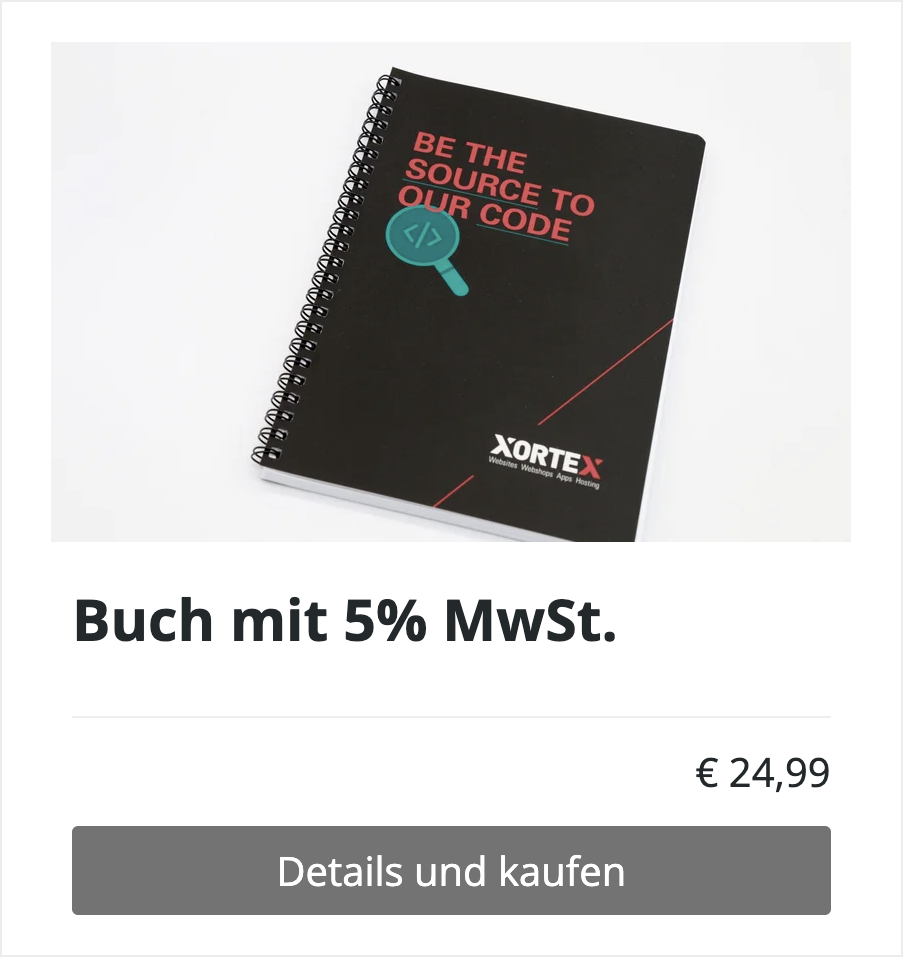 Frontend Beispiel einer Produktliste mit einem Buch mit 5% MwSt.
