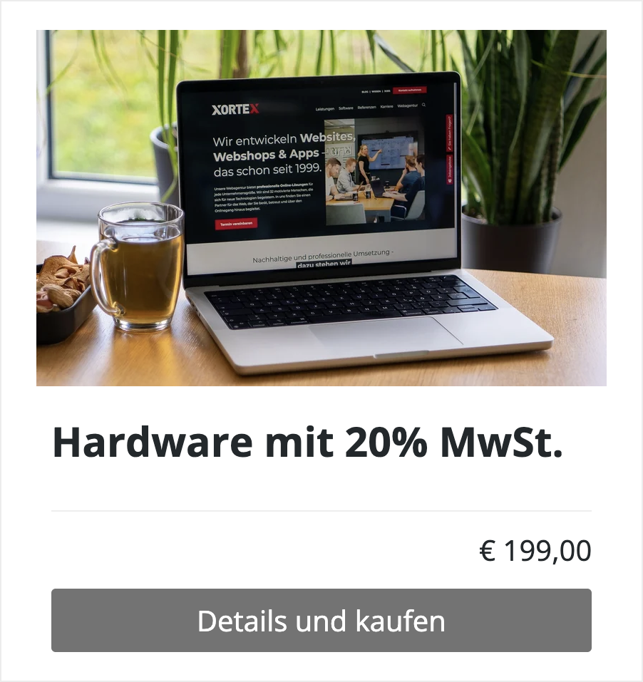 Frontend Beispiel einer Produktliste mit dem Produkt Hardware mit 20% MwSt.