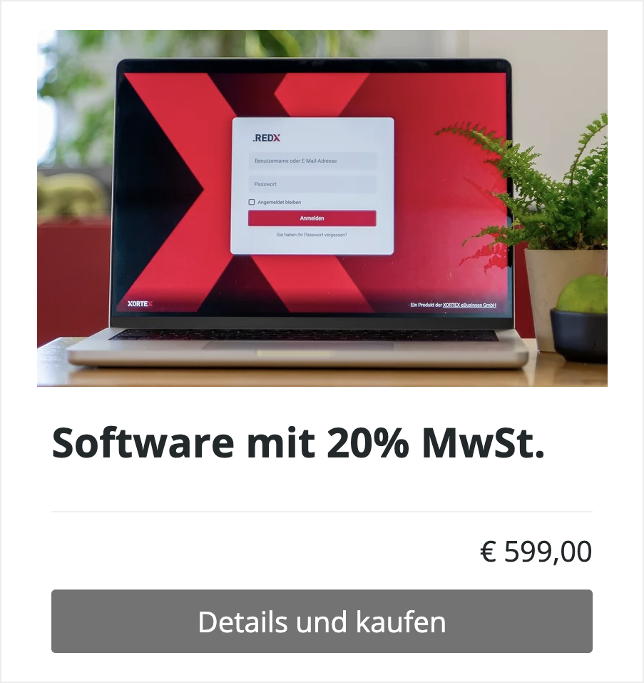 Frontend Beispiel einer Produktliste mit dem Produkt Software mit 20% MwSt.