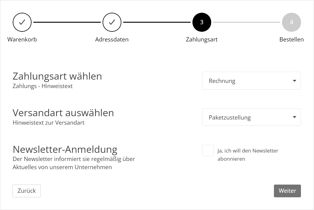 Frontend Darstellung mit den verschiedenen Warenkorb-Texten im Checkout-Schritt Zahlungsart