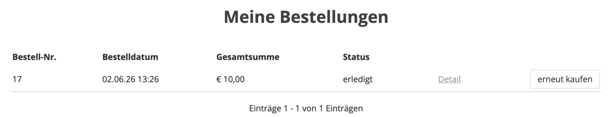 Frontend Listenübersicht der Bestellung mit dem Button erneut kaufen