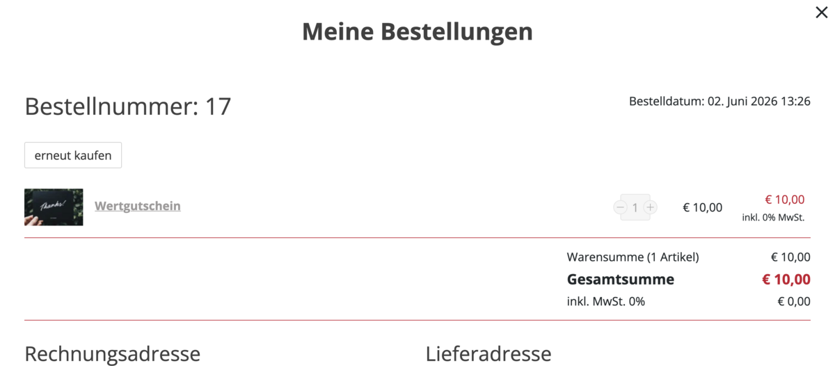 Frontend Übersicht einer Bestellung mit dem Button erneut kaufen