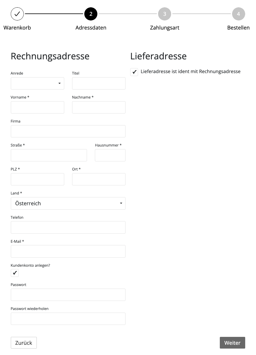 Frontend Beispiel: Formular für Rechnungsadresse mit den Feldern, die für die Bestellung notwendig sind