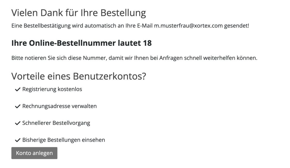 Frontend Beispiel: Unter der Bestellbestätigung sind Vorteile eines Benutzerkontos aufgeführt mit dem Button Konto anlegen