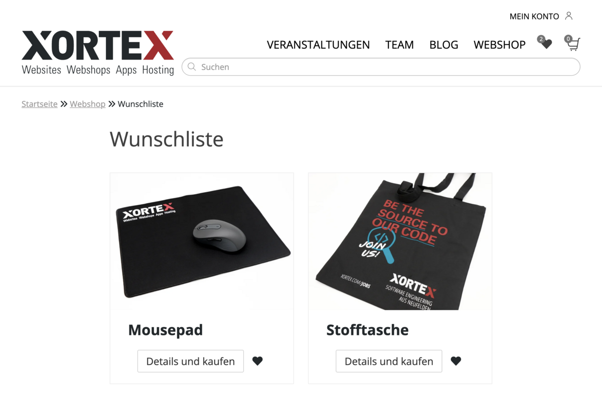 Wunschliste im Frontend: Icon in der Hauptnavigation und bei Listeneinträgen neben dem Details und Kaufen-Button