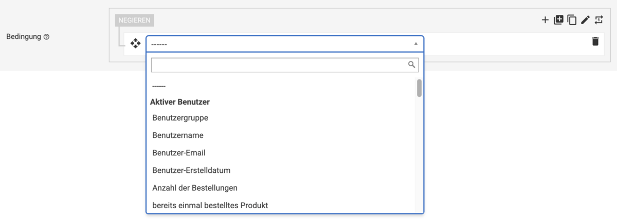 Geöffneter Filter bei einer Bedingung im Backend