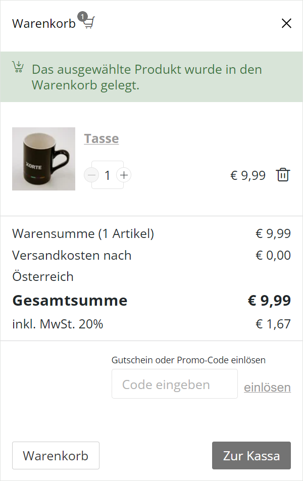 Frontend Beispiel mit Feld für Promo-Codes oder Gutscheinen im Warenkorb-Slideout