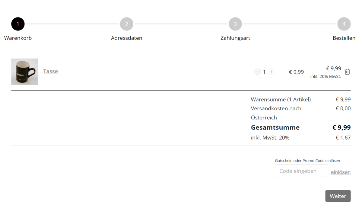 Frontend Beispiel mit Feld für Promo-Codes oder Gutscheinen im Warenkorb