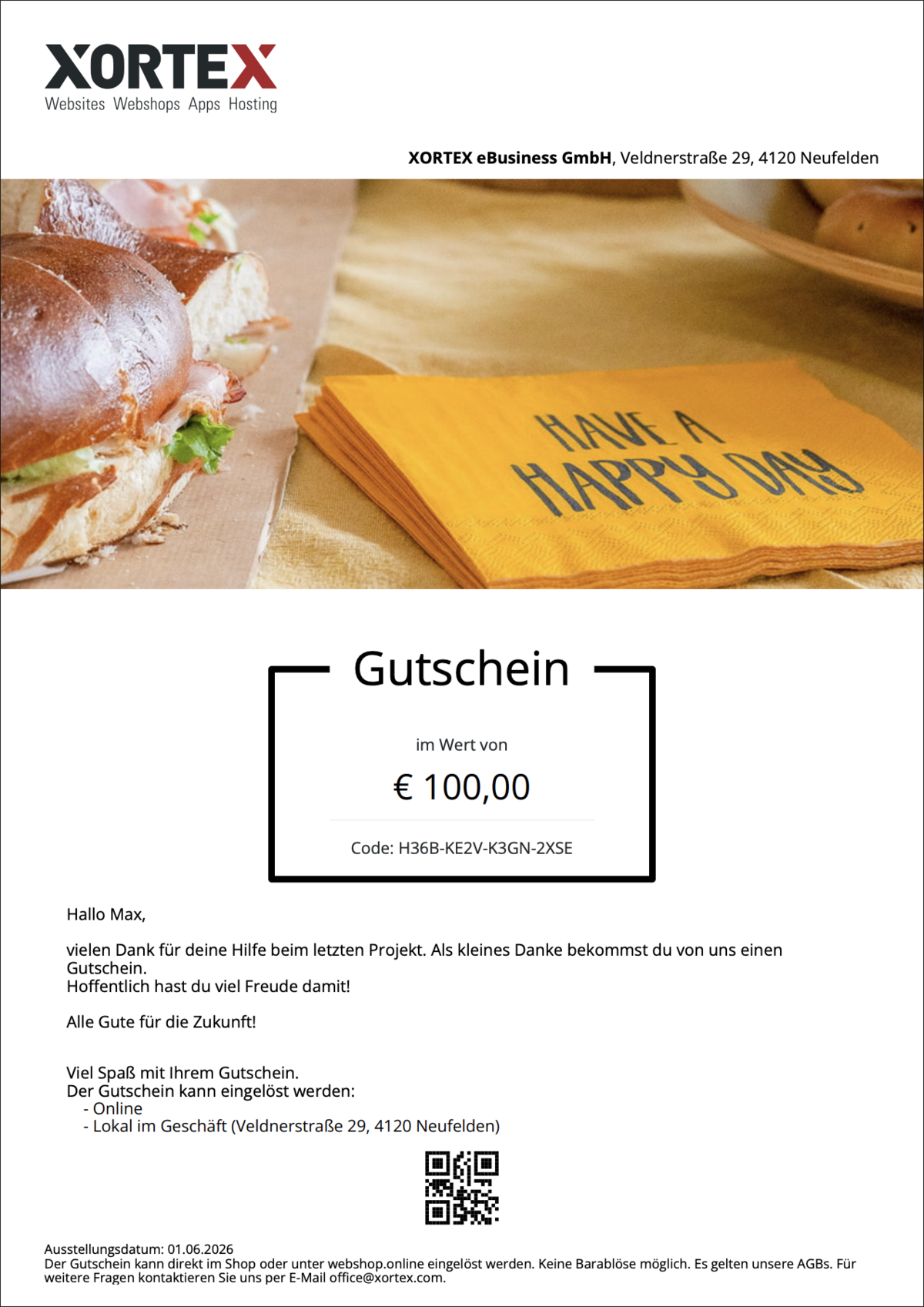 Beispiel eines PDF-Gutscheins bei dem eine persönliche Nachricht hinzugefügt wurde