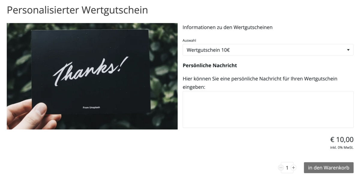 Frontend Beispiel für das Produkt Wertgutschein mit dem Textfeld, in dem eine persönliche Nachricht angelegt werden kann