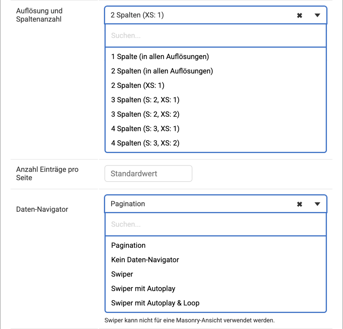 Produktliste Einstellungen für Spalten, Anzahl der Einträge und Daten-Navigator