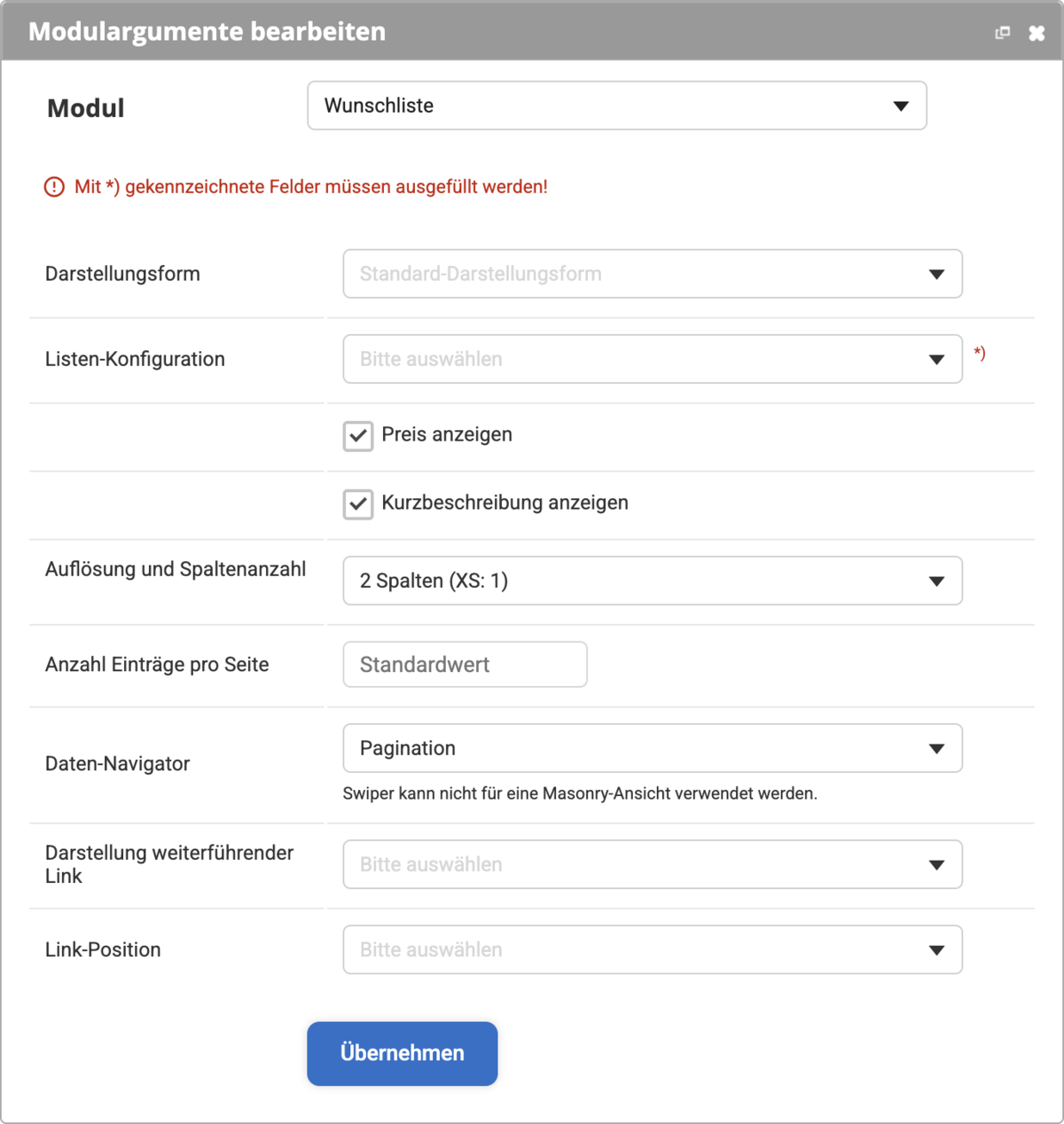 Backend Formular für das Modul Wunschliste mit den verschiedenen Listeneinstellungen