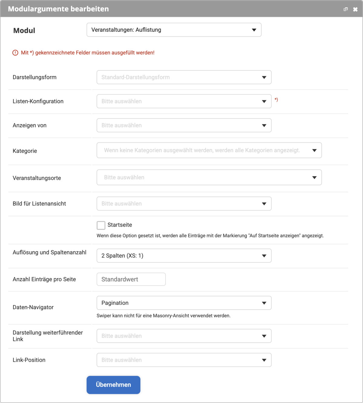 Backend Modul Veranstaltungen Auflistung mit allen Einstellungsmöglichkeiten für die Listenübersicht