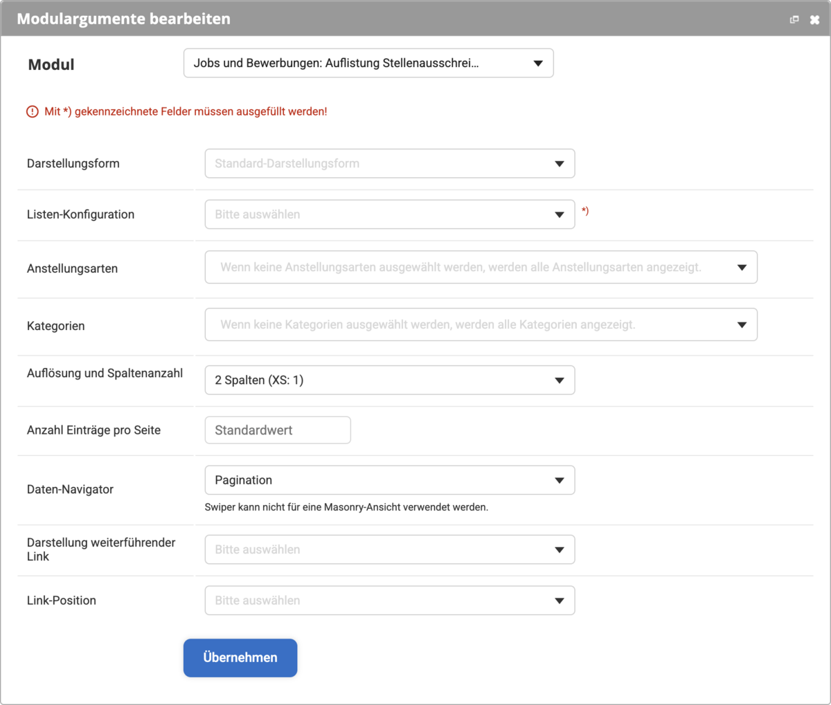 Backend Eingabemaske vom Modul 'Jobs und Bewerbungen: Auflistung Stellenausschreibungen'