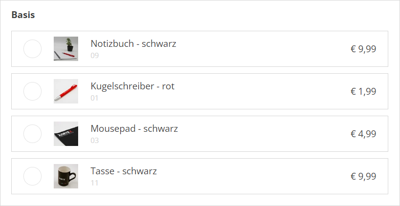 Beispiel im Frontend mit den Konfiguratorprodukten mit Variantenbild und Anzeige der Preise
