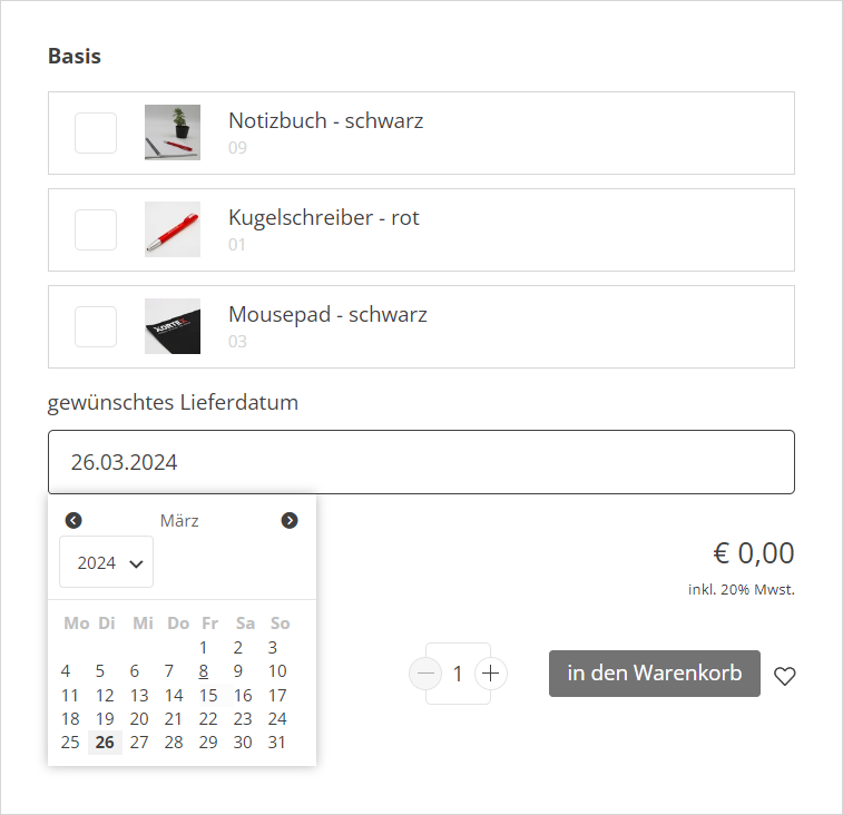 Beispiel mit dem geöffneten Datumswähler im Frontend
