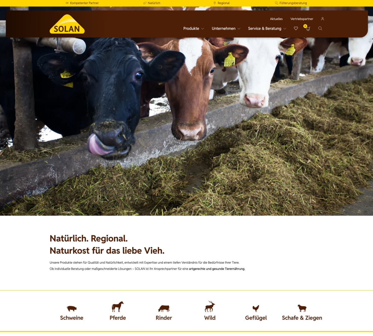 Solan Startseite mit Header-Bereich und Hero-Bild von Kühen im Stall