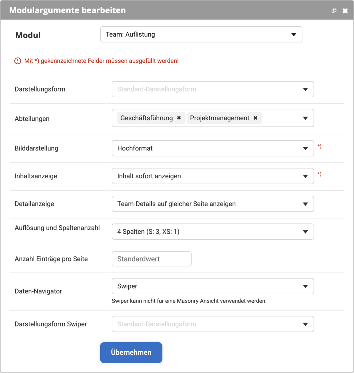 Modul Team Auflistung mit den verschiedenen Einstellungsmöglichkeiten
