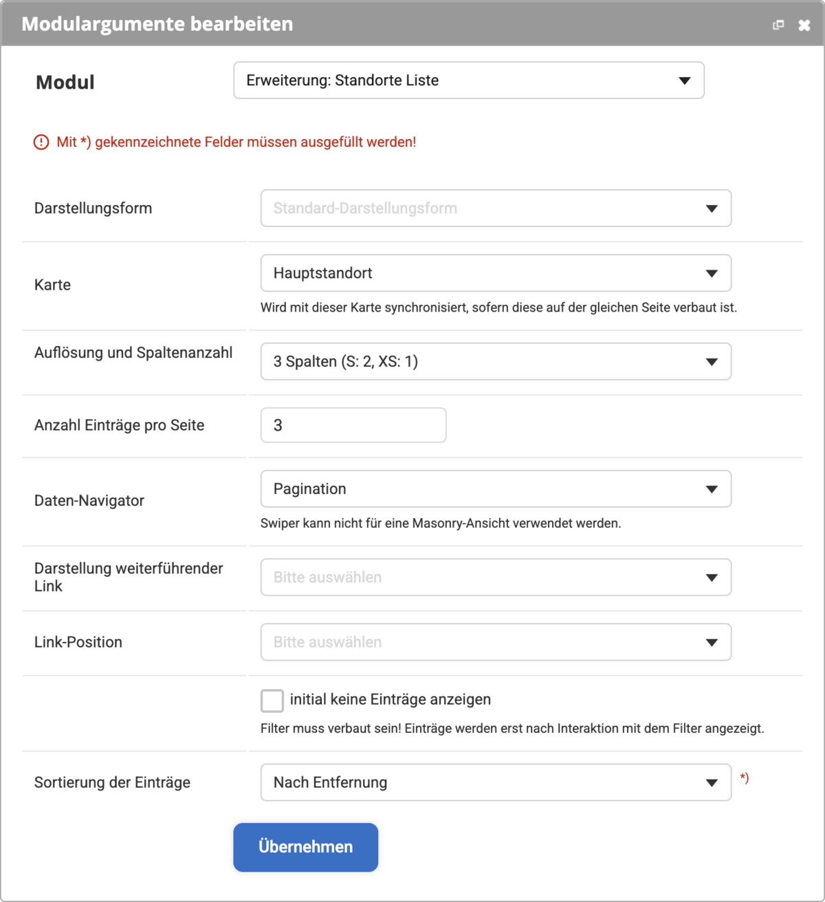 Einstellungen bei der Erweiterung Standorte Liste