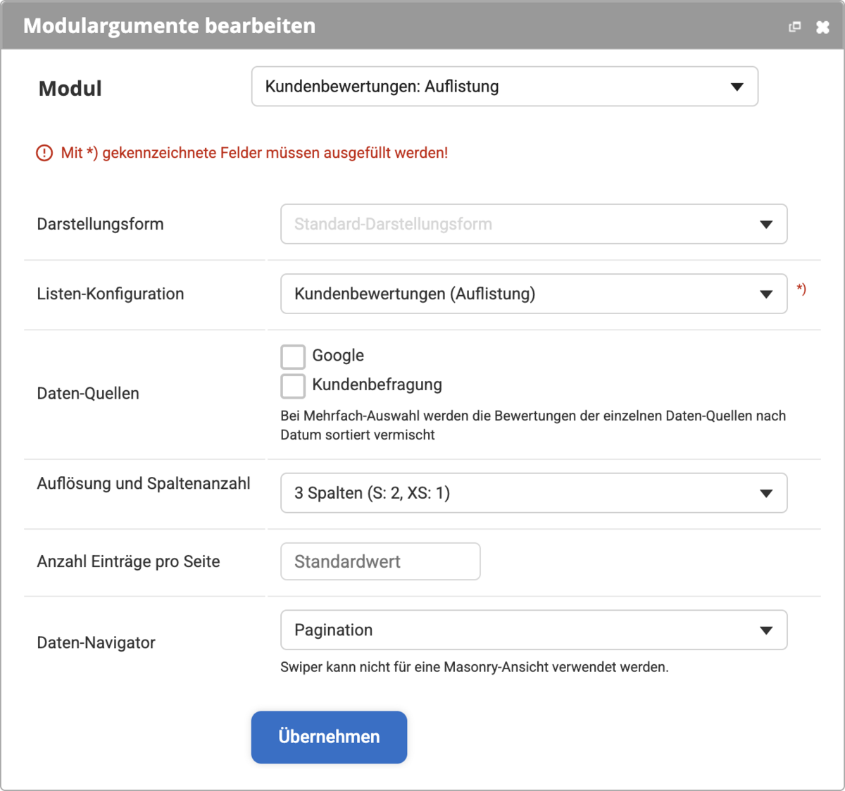 Einstellungen beim Modul Kundenbewertungen Auflistung