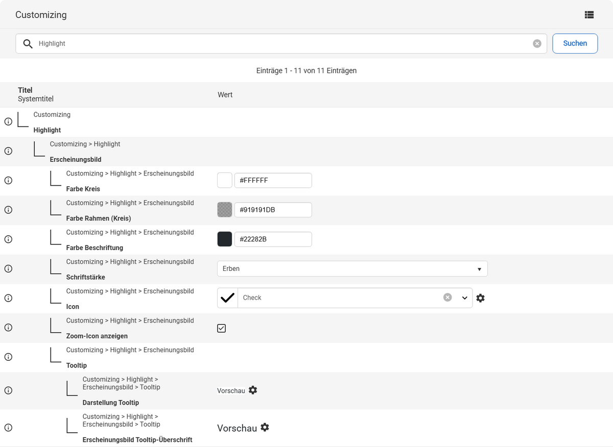 Einstellungen unter Customizing bei der Erweiterung Highlight