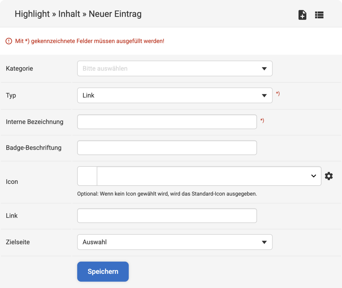 einen Highlight Inhalt vom Typ Link erstellen