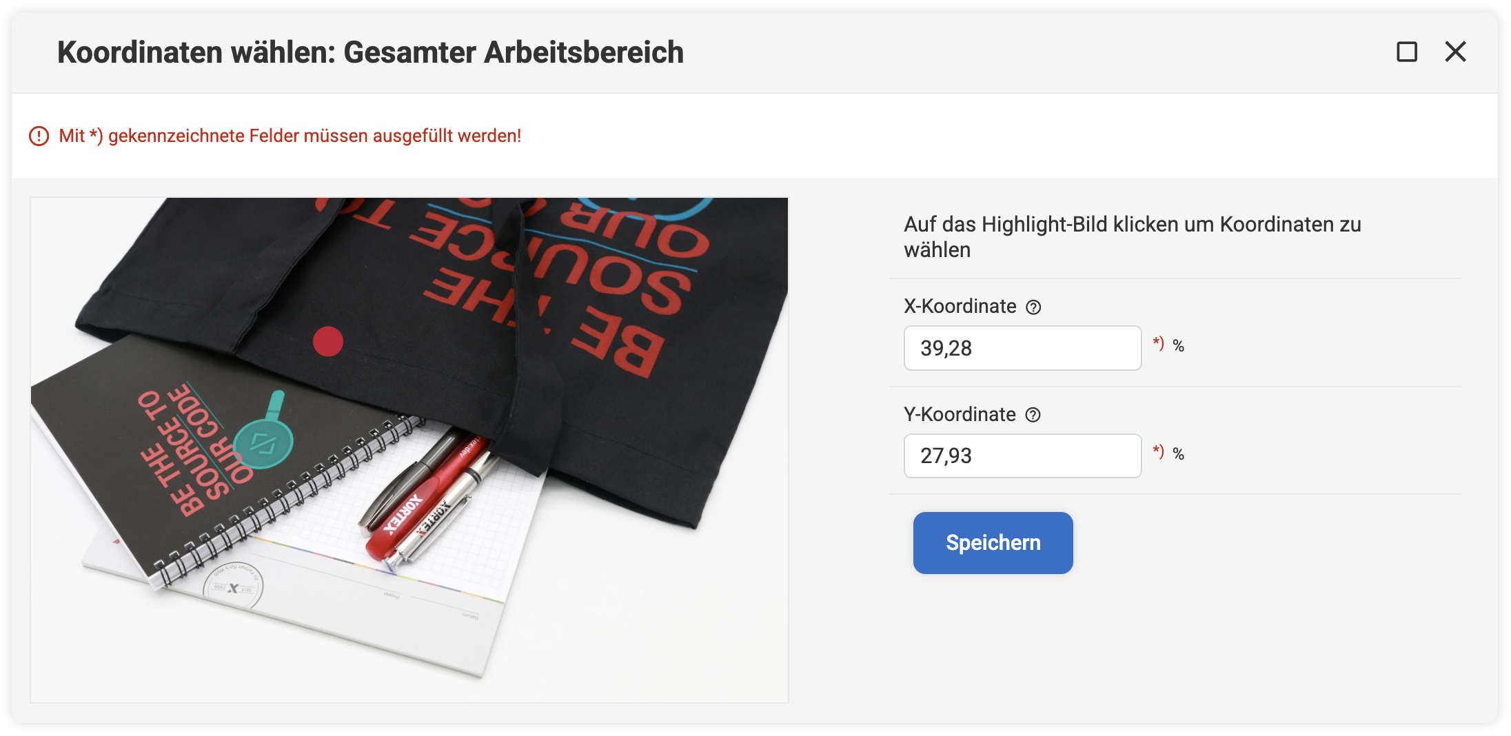 Koordinaten bei einem Highlight Bild zuweisen