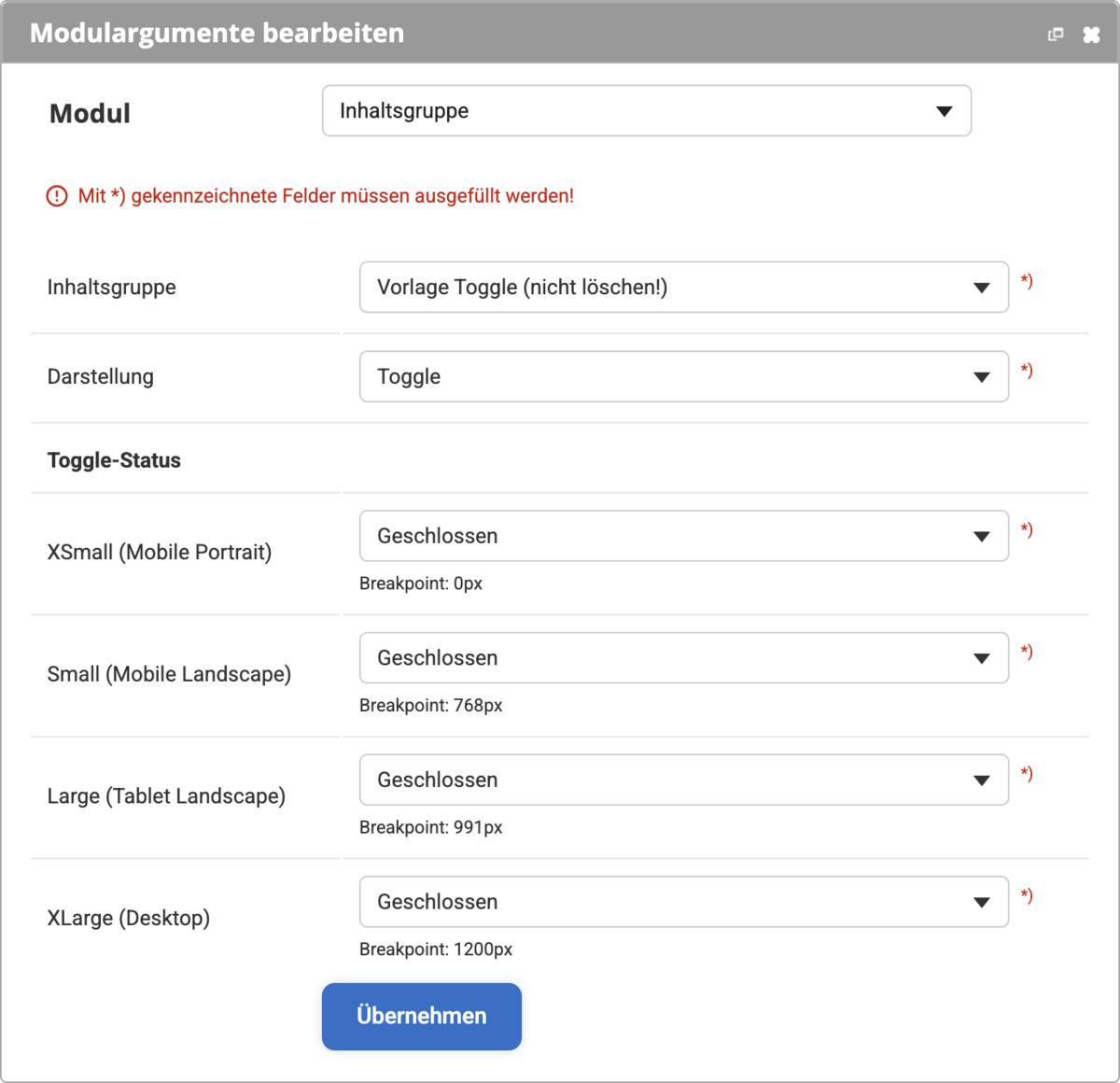 Einstellungsmöglichkeiten beim Modul Inhaltsgruppe mit der Darstellung Toggle