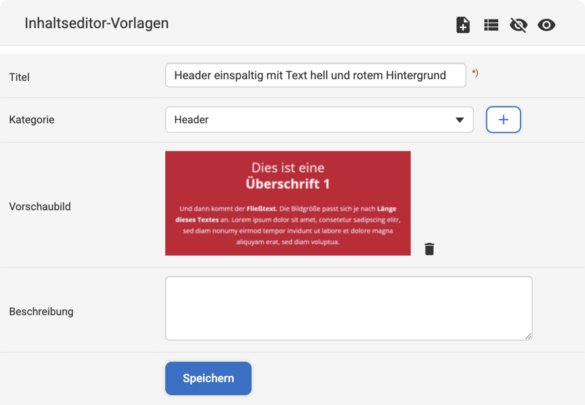 Bearbeitungsmaske zum Erstellen einer neuen Vorlage mit Beispielen