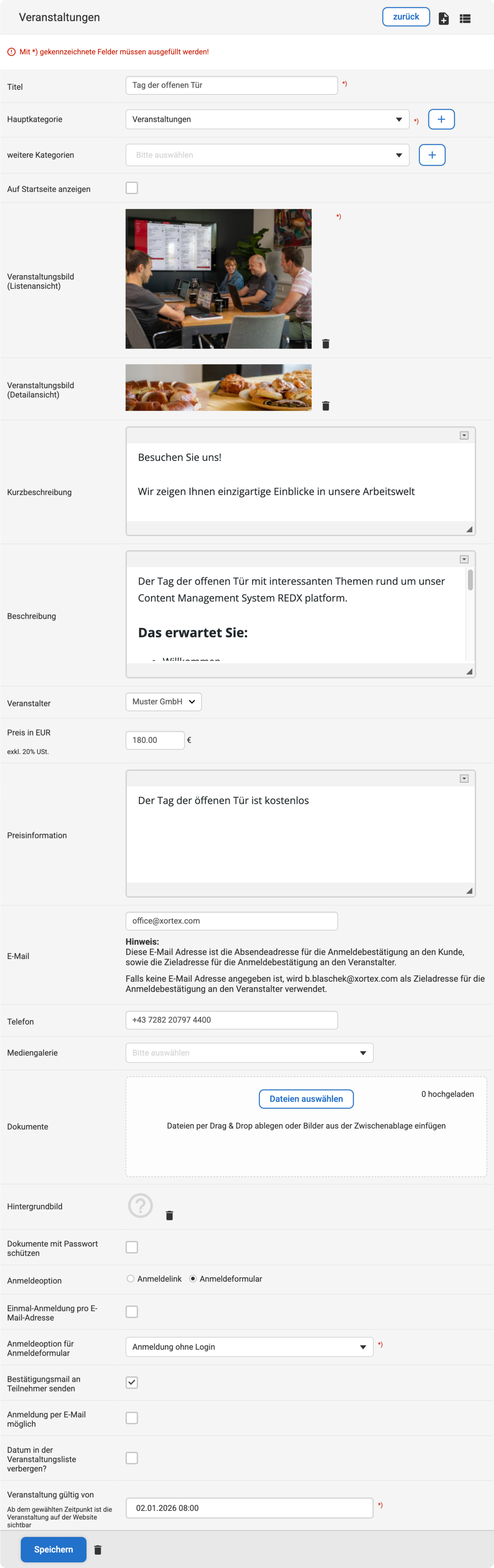Backend Eingabemaske zum Erstellen einer neuen Veranstaltung