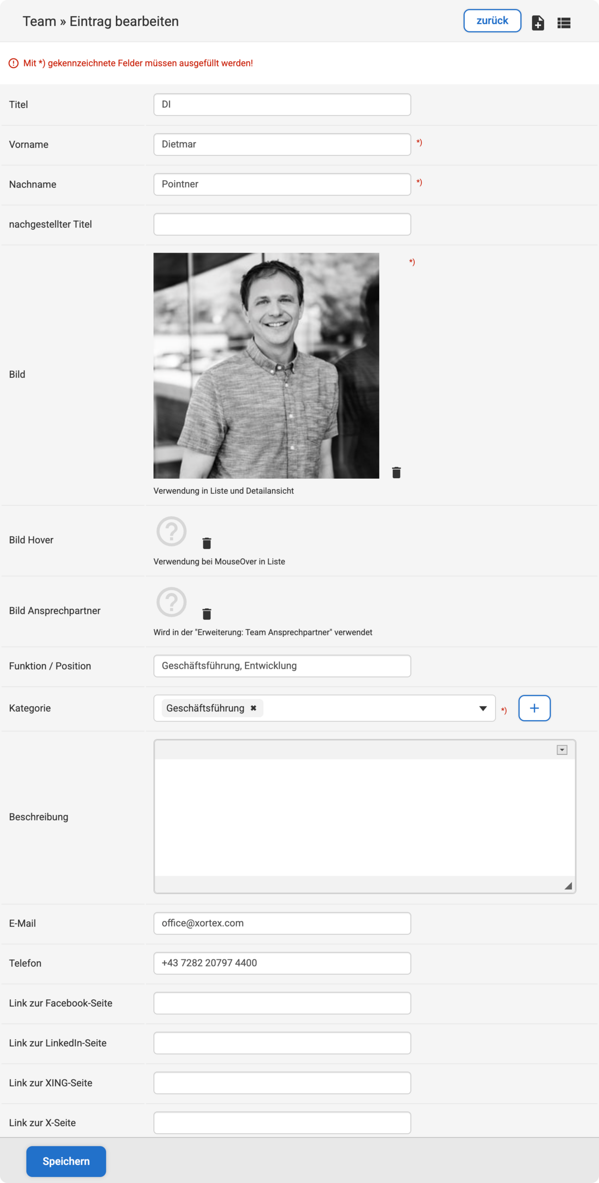 Backend Eingabemaske zum Anlegen von einem neuen Teammitglied mit Beispieldaten