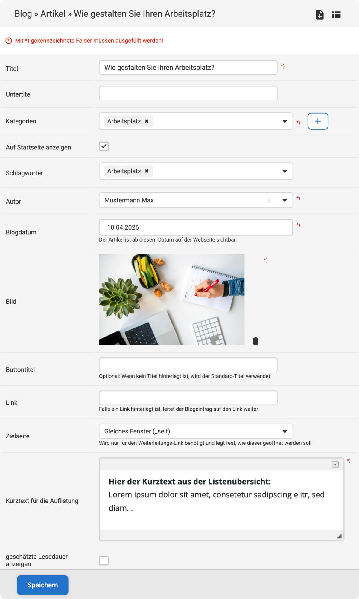 Backend Eingabemaske zum Erstellen eines neuen Blog-Artikels