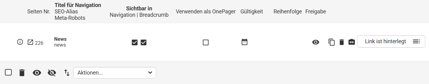 Darstellung einer Seiten-Verlinkung in der Übersicht der Inhaltsseiten