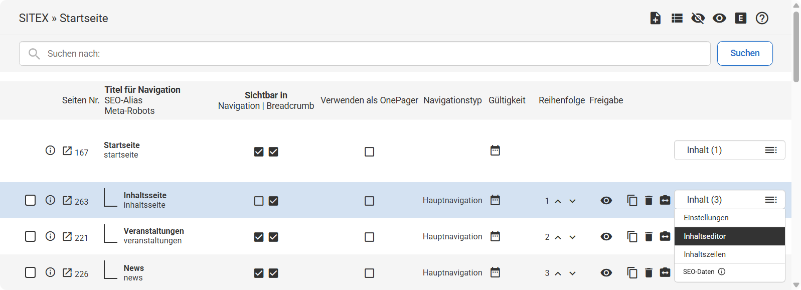 bei Übersicht der Inhaltsseiten den Inhaltseditor öffnen