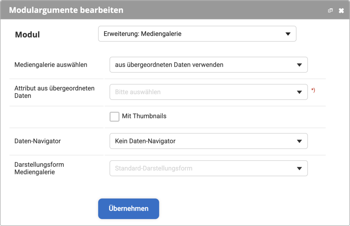 Einstellungen beim Modul Erweiterung: Mediengalerie